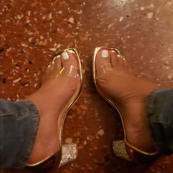 Rose Gold Rhinestone Heel Sandals Strappy Clear Open Toe Block 2.75” Square Toe - Picture 14 of 14